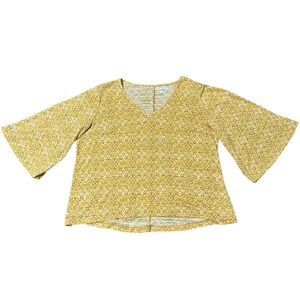 Wonderly Womens 2X Yellow Medallion Print V-Neck Bell Sleeve High-Low Tunic Top